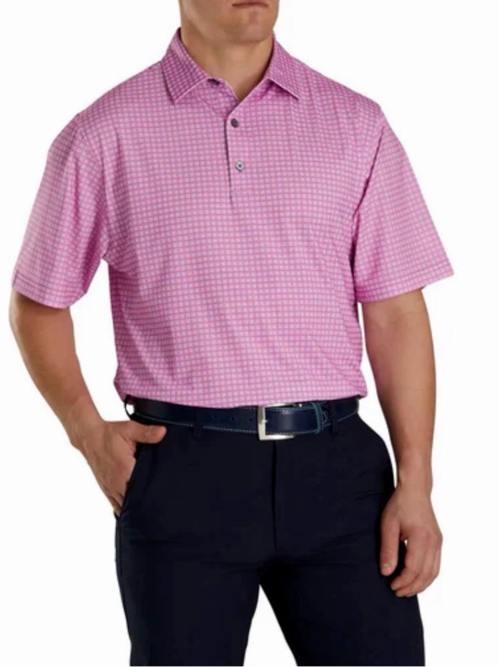 FOOTJOY Men’s Lisle Plaid Print Self Collar Pink Mens Golf Polo 26168